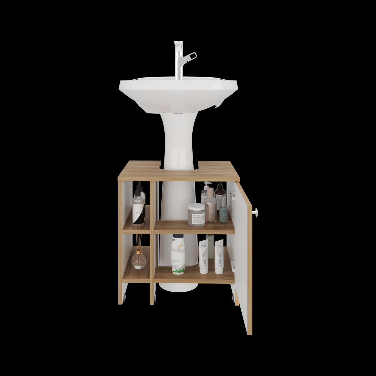 Mueble para Lavamanos Basic Fresno Europeo y Blanco 47x50.5cm con Patas y Una Puerta - MUEBLES PARA LAVAMANOS | Bylmo