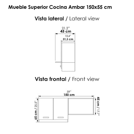 Mueble Superior de Cocina Ambar Soder 150x60cm con Espacio para Extractor y para Microondas Derecha - MUEBLES SUPERIORES DE COCINA | Bylmo