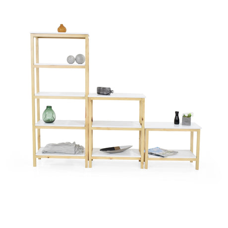 Combo Estantería Brooklyn Blanco y Matiz Natural 186x146cm con Diez Entrepaños y Una Mesa Auxiliar - BIBLIOTECAS Y ESTANTERIAS | Bylmo