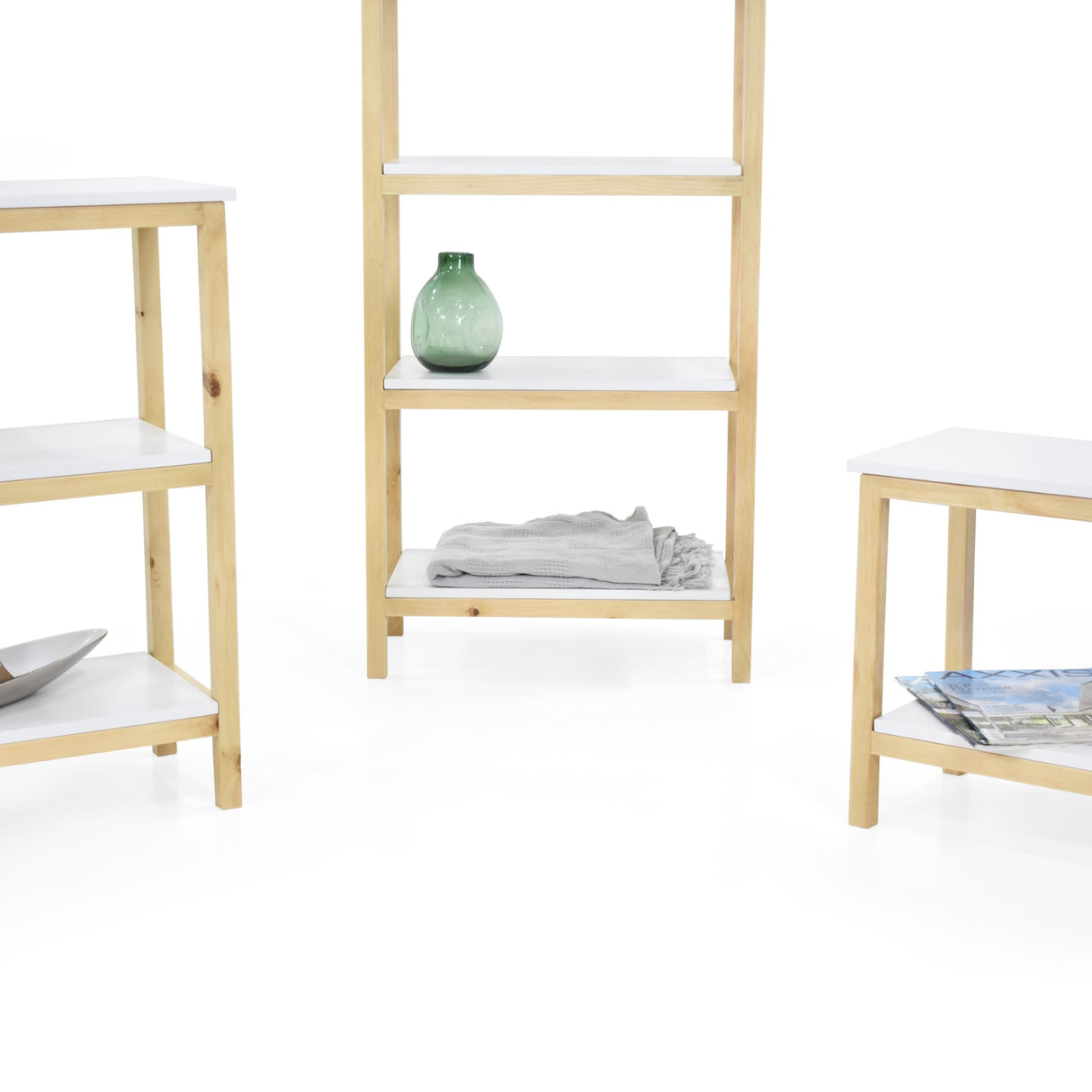 Combo Estantería Brooklyn Blanco y Matiz Natural 186x146cm con Diez Entrepaños y Una Mesa Auxiliar - BIBLIOTECAS Y ESTANTERIAS | Bylmo
