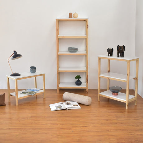 Combo Estantería Brooklyn Blanco y Matiz Natural 186x146cm con Diez Entrepaños y Una Mesa Auxiliar - BIBLIOTECAS Y ESTANTERIAS | Bylmo