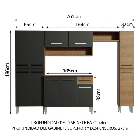 Cocina Integral Emily Hit Negro 261x186cm con Mesón de Madera y sin Estufa - COCINAS | Bylmo
