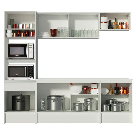 Cocina Integral Topazio Blanco 240x210cm con Mesón de Madera con 13 Entrepaños y sin Estufa - COCINAS | Bylmo