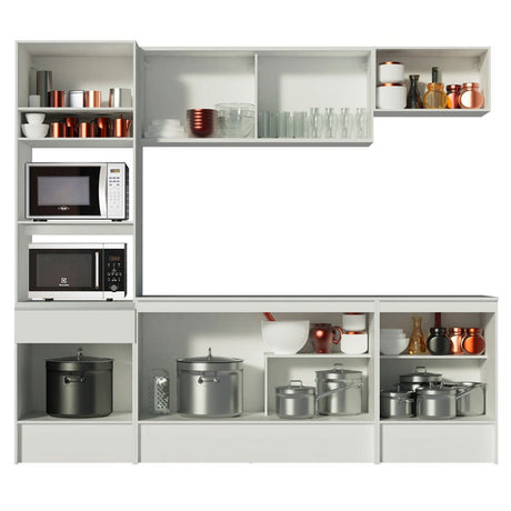 Cocina Integral Diamante Blanco 240x210cm con Mesón de Madera con Trece Entrepaños y sin Estufa - COCINAS | Bylmo