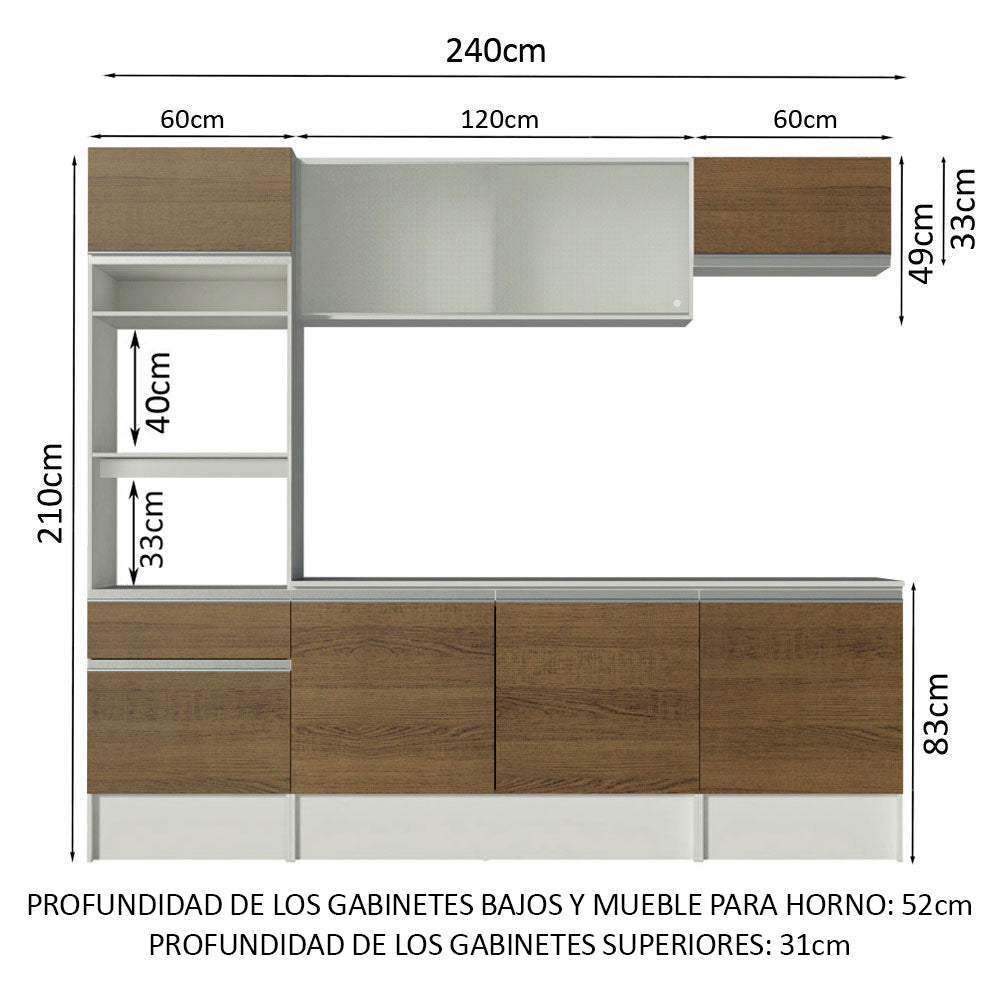 Cocina Integral Topazio Marron 240x210cm con Mesón de Madera con Mueble para Horno y sin Estufa - COCINAS | Bylmo