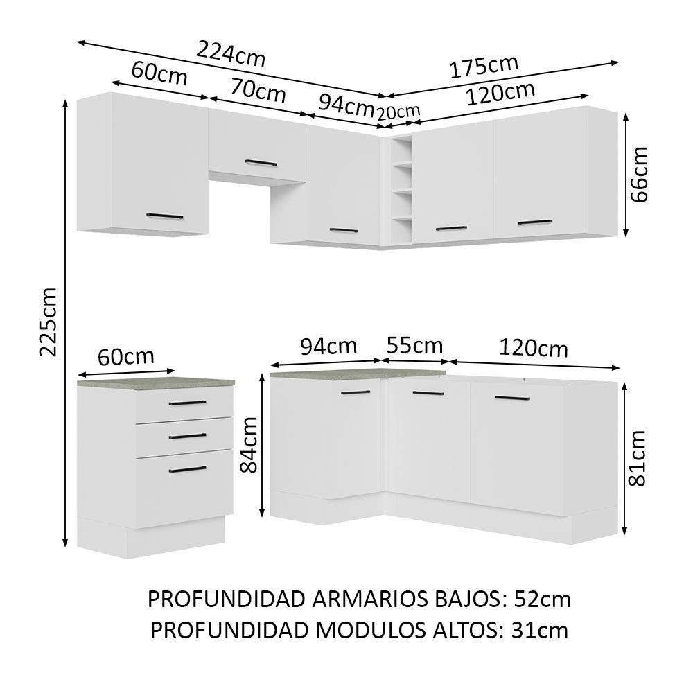 Cocina Integral Agata Blanco 399x225cm sin Mesón y sin Estufa - COCINAS | Bylmo