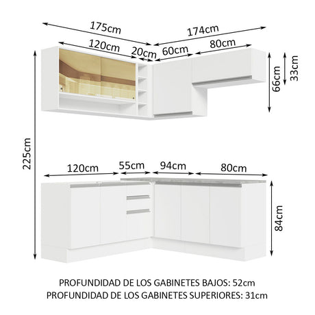 Cocina Integral Esquinero Glamy Blanco 349x225cm sin Mesón con Tres Cajones y sin Estufa - COCINAS | Bylmo