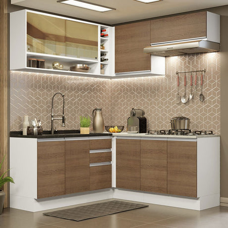 Cocina Integral Glamy Marron 349x225cm sin Mesón con Cuatro Muebles Superiores y sin Estufa - COCINAS | Bylmo