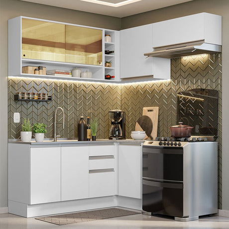 Cocina Integral Esquinero Glamy Blanco 349x225cm sin Mesón con Catorce Entrepaños y sin Estufa - COCINAS | Bylmo