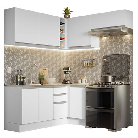Cocina Integral Esquinero Glamy Blanco 349x225cm sin Mesón con Quince Entrepaños y sin Estufa - COCINAS | Bylmo