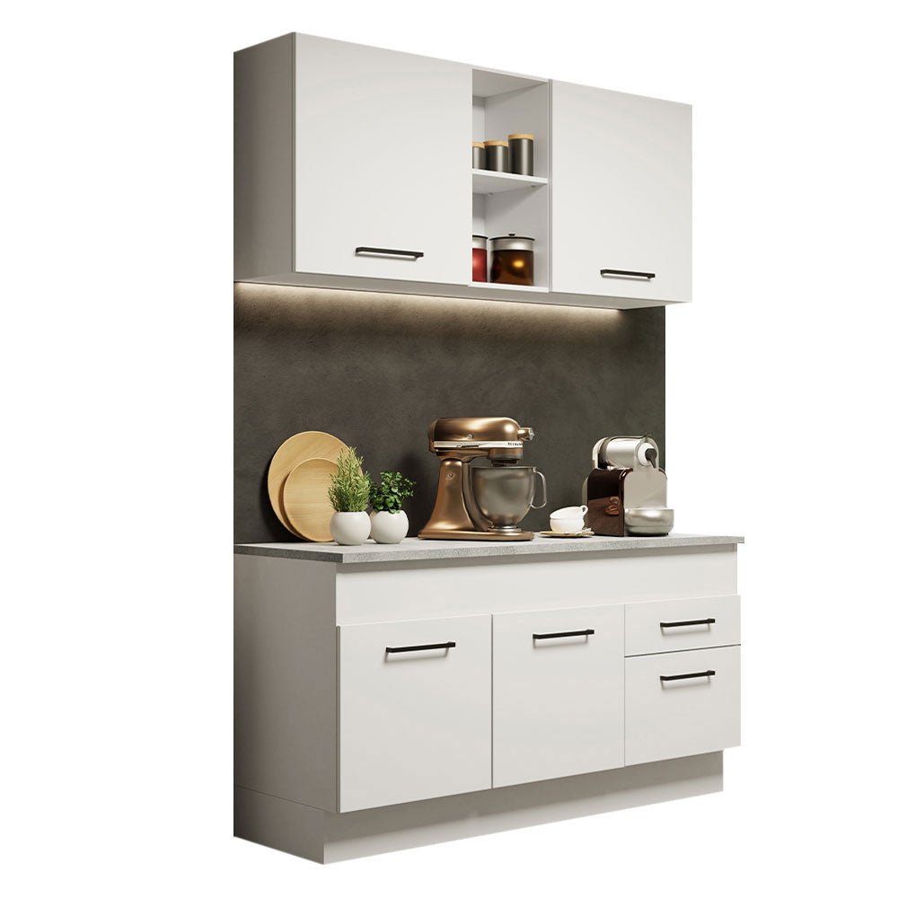 Cocina Integral Agata Blanco 150x225cm con Mesón de Madera y sin Estufa - COCINAS | Bylmo