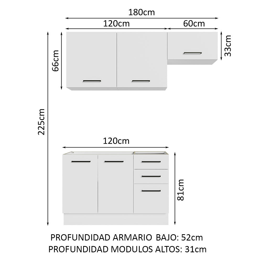 Cocina Integral Agata Blanco 180x225cm sin Mesón y sin Estufa - COCINAS | Bylmo