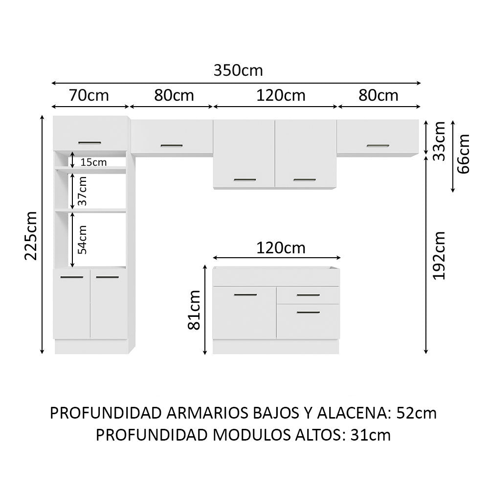 Cocina Integral Agata Blanco 350x225cm sin Mesón y sin Estufa - COCINAS | Bylmo