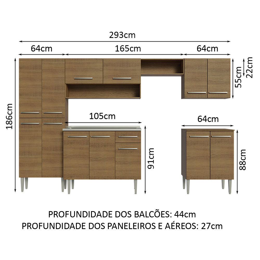 Cocina Integral Emily Marron 293x186cm con Mesón de Acero Inoxidable con Catorce Entrepaños y sin Estufa - COCINAS | Bylmo