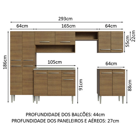 Cocina Integral Emily Marron 293x186cm con Mesón de Acero Inoxidable con Catorce Entrepaños y sin Estufa - COCINAS | Bylmo