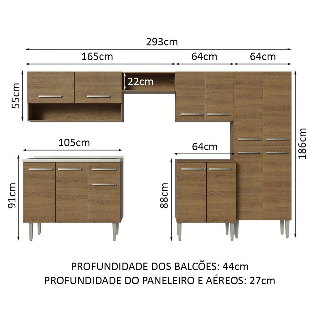 Cocina Integral Emily Marron 293x186cm con Mesón de Acero Inoxidable y sin Estufa - COCINAS | Bylmo
