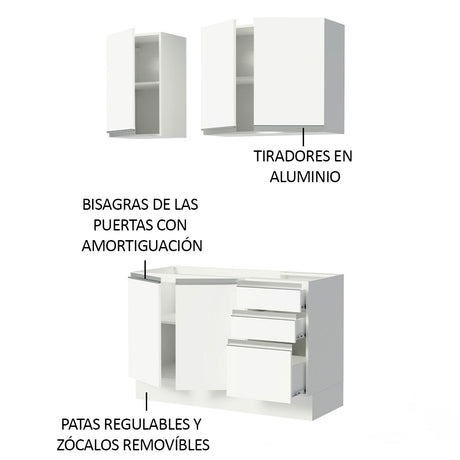Cocina Integral Glamy Blanco 120x225cm con Mesón de Acero Inoxidable con Dos Muebles Superiores y sin Estufa - COCINAS | Bylmo