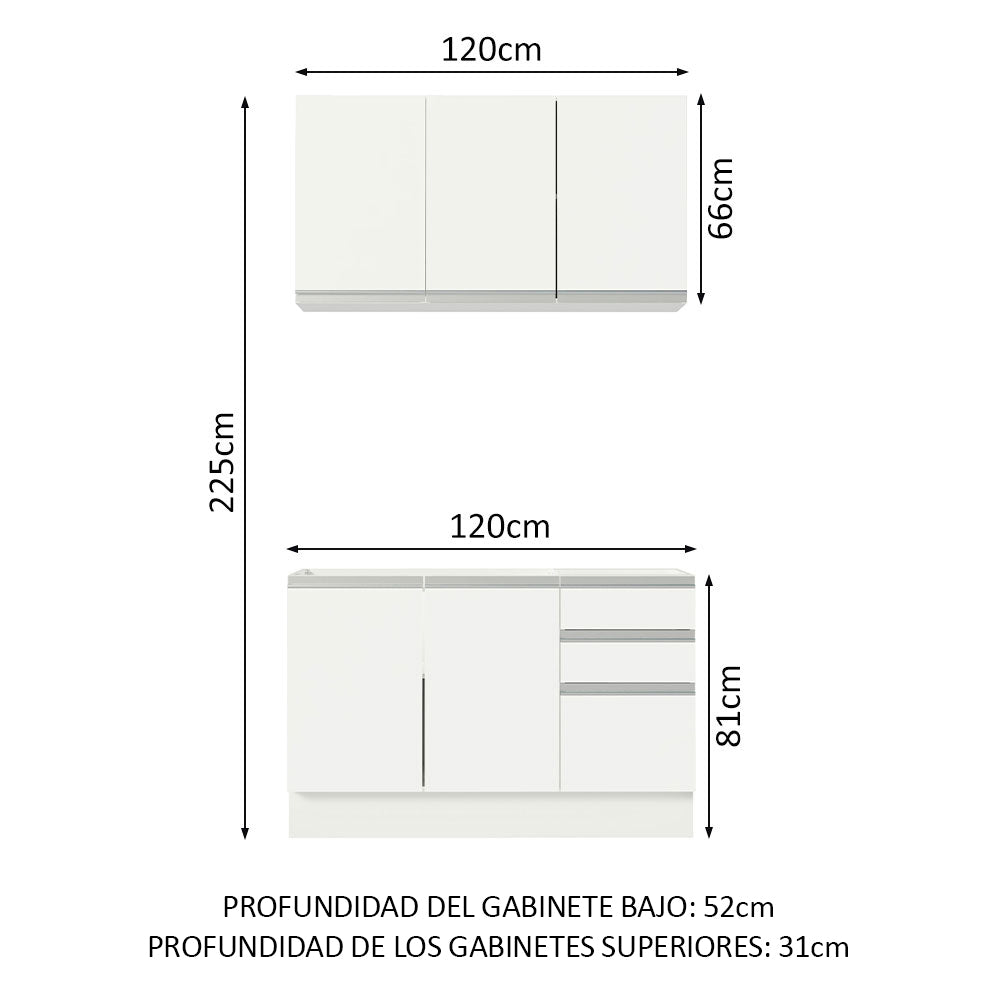 Cocina Integral Glamy Blanco 120x225cm con Mesón de Acero Inoxidable con Dos Muebles Superiores y sin Estufa - COCINAS | Bylmo
