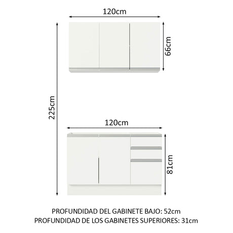 Cocina Integral Glamy Blanco 120x225cm con Mesón de Acero Inoxidable con Dos Muebles Superiores y sin Estufa - COCINAS | Bylmo
