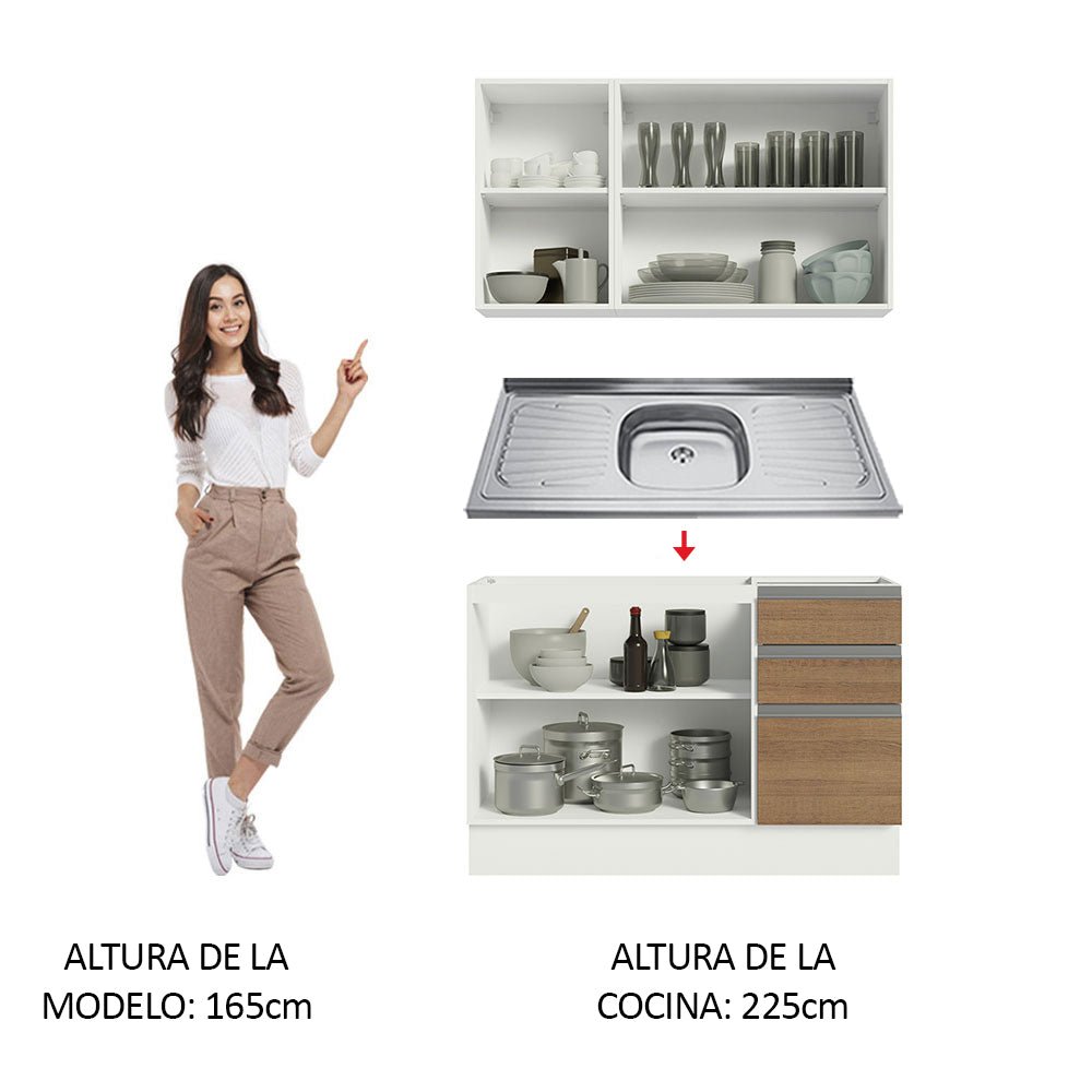 Cocina Integral Glamy Marron 120x225cm con Mesón de Acero Inoxidable con Dos Muebles Superiores y sin Estufa - COCINAS | Bylmo