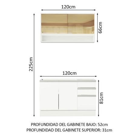 Cocina Integral Glamy Blanco 120x225cm con Mesón de Acero Inoxidable con Cinco Entrepaños y sin Estufa - COCINAS | Bylmo