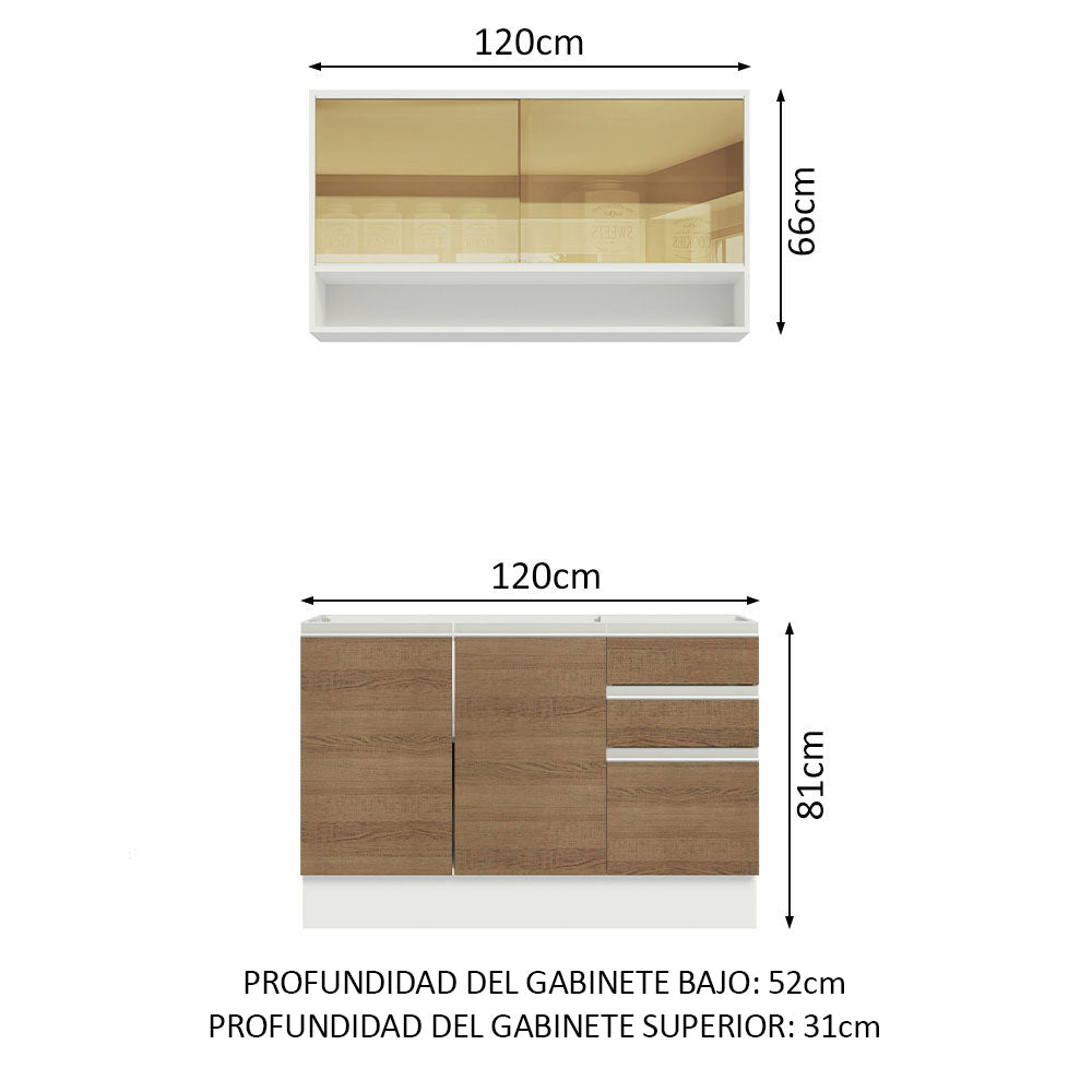 Cocina Integral Glamy Marron 120x225cm con Mesón de Acero Inoxidable con Tres Cajones y sin Estufa - COCINAS | Bylmo