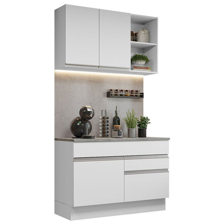 Cocina Integral Glamy Blanco 120x225cm con Mesón de Acero Inoxidable con Dos Cajones y sin Estufa - COCINAS | Bylmo