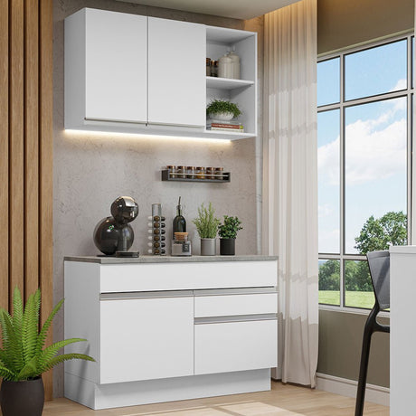 Cocina Integral Glamy Blanco 120x225cm con Mesón de Acero Inoxidable con Dos Cajones y sin Estufa - COCINAS | Bylmo
