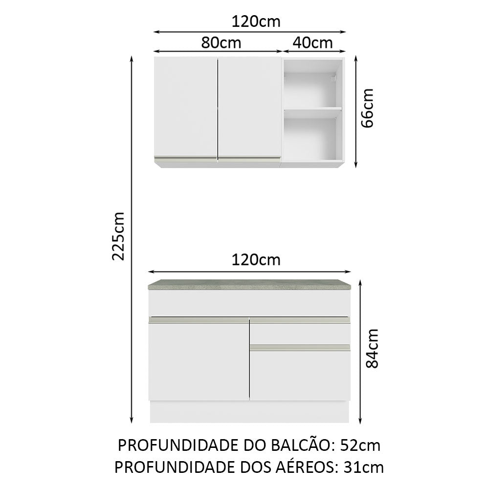 Cocina Integral Glamy Blanco 120x225cm con Mesón de Acero Inoxidable con Dos Cajones y sin Estufa - COCINAS | Bylmo