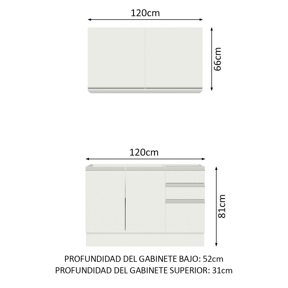 Cocina Integral Glamy Blanco 120x225cm con Mesón de Acero Inoxidable y sin Estufa - COCINAS | Bylmo