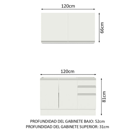 Cocina Integral Glamy Blanco 120x225cm con Mesón de Acero Inoxidable y sin Estufa - COCINAS | Bylmo