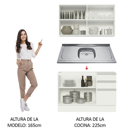 Cocina Integral Glamy Blanco 120x225cm con Mesón de Acero Inoxidable y sin Estufa - COCINAS | Bylmo