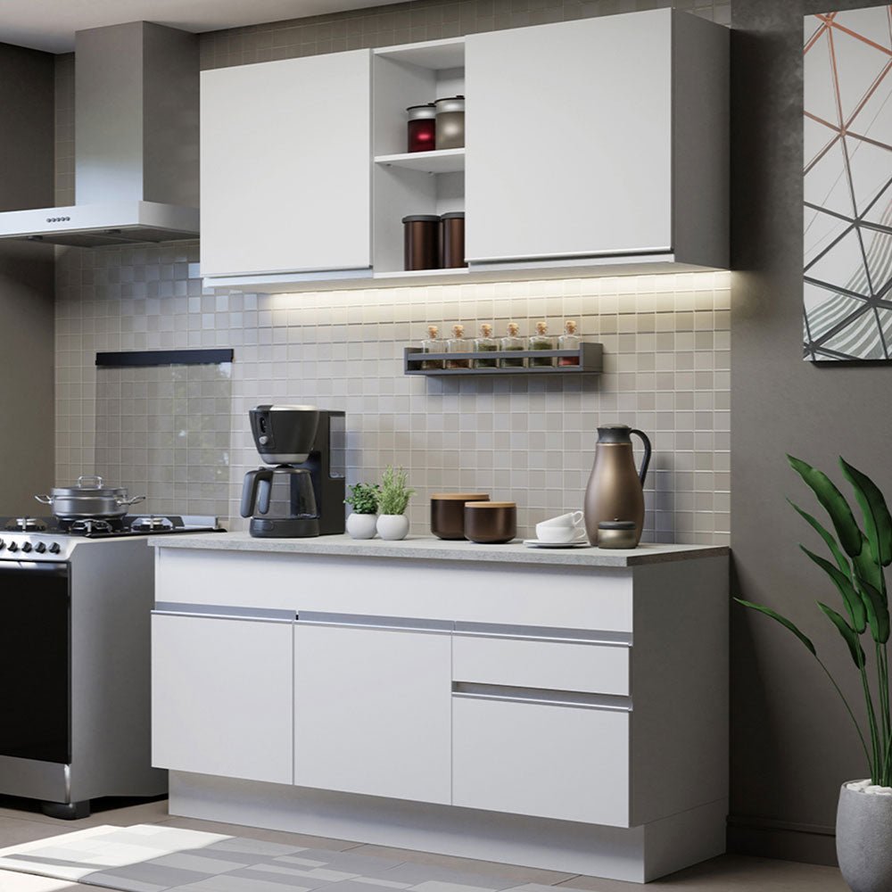 Cocina Integral Glamy Blanco 150x225cm con Mesón de Acero Inoxidable y sin Estufa - COCINAS | Bylmo