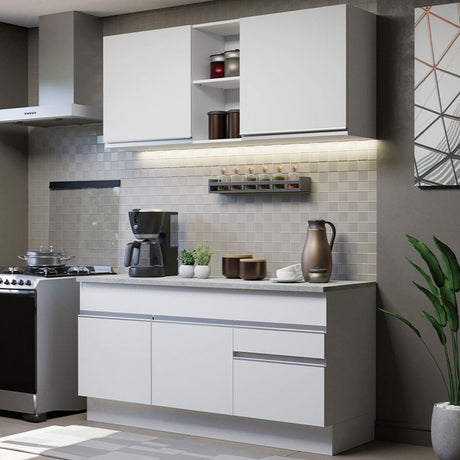 Cocina Integral Glamy Blanco 150x225cm con Mesón de Acero Inoxidable y sin Estufa - COCINAS | Bylmo