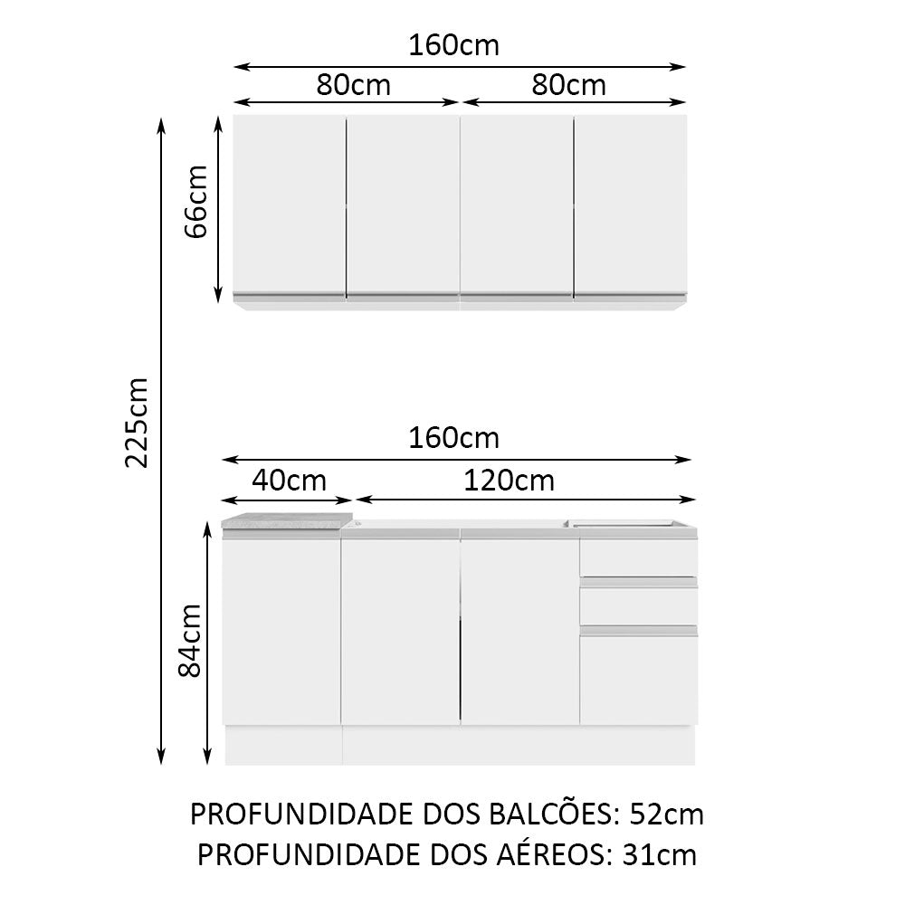 Cocina Integral Glamy Blanco 160x225cm sin Mesón con Tres Cajones y sin Estufa - COCINAS | Bylmo