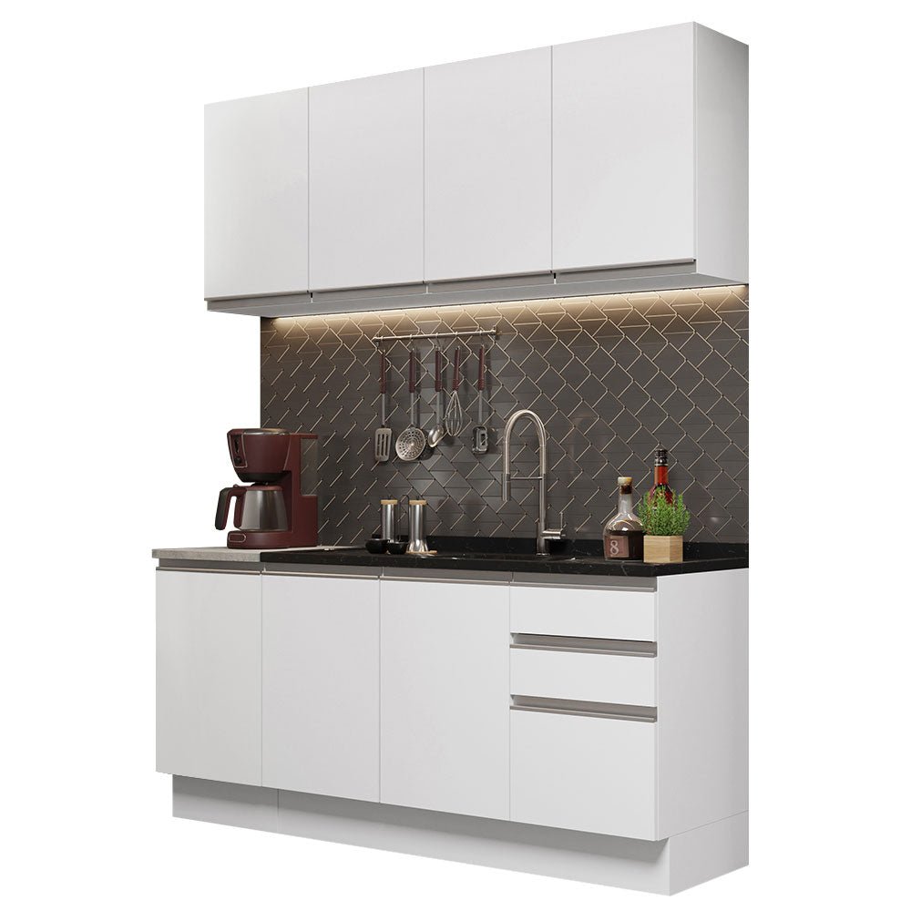 Cocina Integral Glamy Blanco 160x225cm con Mesón de Acero Inoxidable con Dos Muebles Superiores y sin Estufa - COCINAS | Bylmo