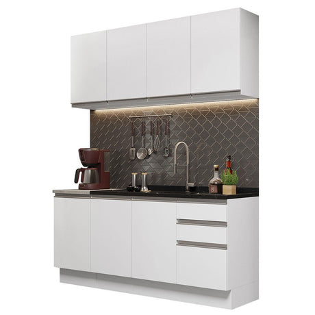 Cocina Integral Glamy Blanco 160x225cm con Mesón de Acero Inoxidable con Dos Muebles Superiores y sin Estufa - COCINAS | Bylmo
