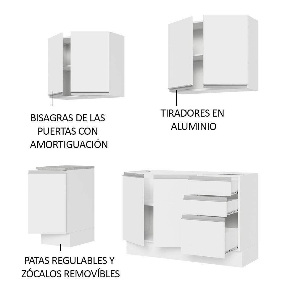 Cocina Integral Glamy Blanco 160x225cm con Mesón de Acero Inoxidable con Dos Muebles Superiores y sin Estufa - COCINAS | Bylmo