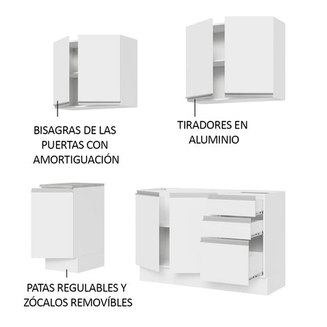 Cocina Integral Glamy Blanco 160x225cm con Mesón de Acero Inoxidable con Dos Muebles Superiores y sin Estufa - COCINAS | Bylmo