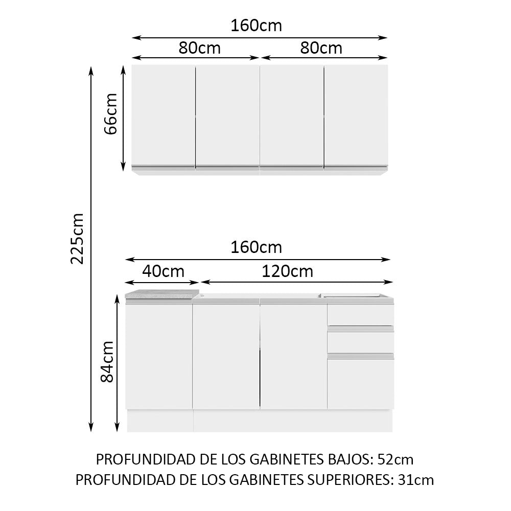 Cocina Integral Glamy Blanco 160x225cm con Mesón de Acero Inoxidable con Dos Muebles Superiores y sin Estufa - COCINAS | Bylmo