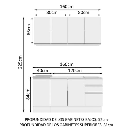 Cocina Integral Glamy Blanco 160x225cm con Mesón de Acero Inoxidable con Dos Muebles Superiores y sin Estufa - COCINAS | Bylmo