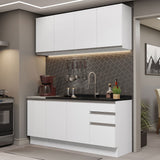 Cocina Integral Glamy Blanco 160x225cm con Mesón de Acero Inoxidable con Dos Muebles Superiores y sin Estufa - COCINAS | Bylmo