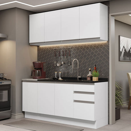 Cocina Integral Glamy Blanco 160x225cm con Mesón de Acero Inoxidable con Dos Muebles Superiores y sin Estufa - COCINAS | Bylmo