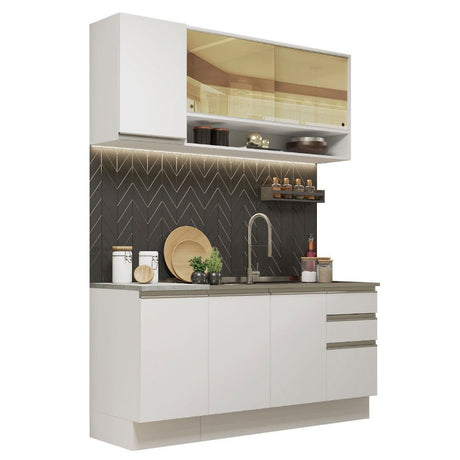 Cocina Integral Glamy Blanco 160x225cm con Mesón de Acero Inoxidable con Tres Muebles Superiores y sin Estufa - COCINAS | Bylmo