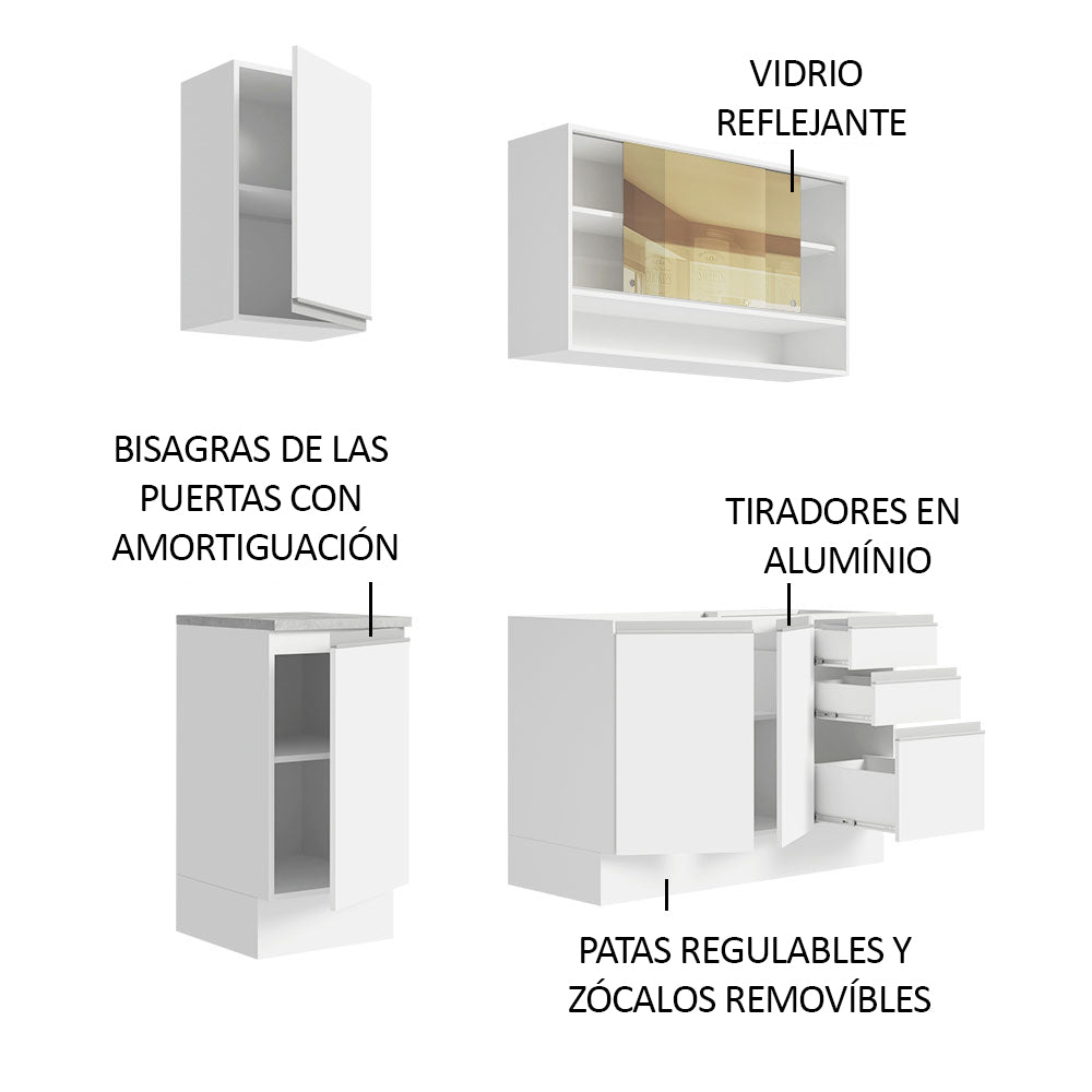 Cocina Integral Glamy Blanco 160x225cm con Mesón de Acero Inoxidable con Tres Muebles Superiores y sin Estufa - COCINAS | Bylmo