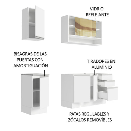 Cocina Integral Glamy Blanco 160x225cm con Mesón de Acero Inoxidable con Tres Muebles Superiores y sin Estufa - COCINAS | Bylmo