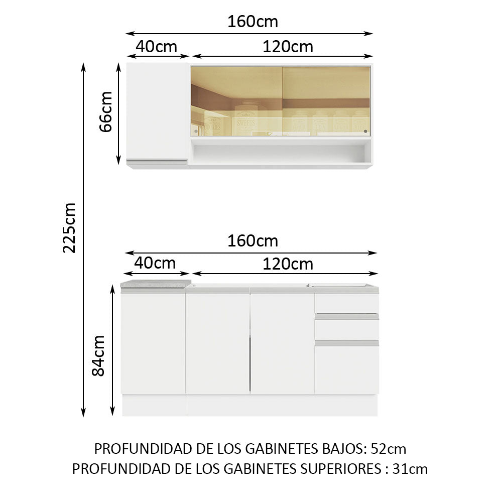 Cocina Integral Glamy Blanco 160x225cm con Mesón de Acero Inoxidable con Tres Muebles Superiores y sin Estufa - COCINAS | Bylmo