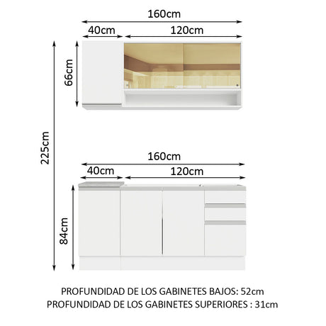 Cocina Integral Glamy Blanco 160x225cm con Mesón de Acero Inoxidable con Tres Muebles Superiores y sin Estufa - COCINAS | Bylmo
