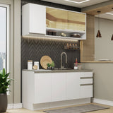 Cocina Integral Glamy Blanco 160x225cm con Mesón de Acero Inoxidable con Tres Muebles Superiores y sin Estufa - COCINAS | Bylmo