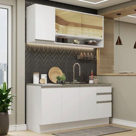 Cocina Integral Glamy Blanco 160x225cm con Mesón de Acero Inoxidable con Tres Muebles Superiores y sin Estufa - COCINAS | Bylmo